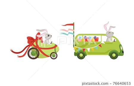 Cute Hare with Long Ears Driving Retro Car Carrying olored Easter Eggs Vector Set 76640653