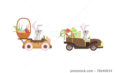 Cute Hare with Long Ears Driving Retro Car Carrying olored Easter Eggs Vector Set Cute Hare with Long Ears Driving Retro Car Carrying olored Easter Eggs Vector Set 76640654