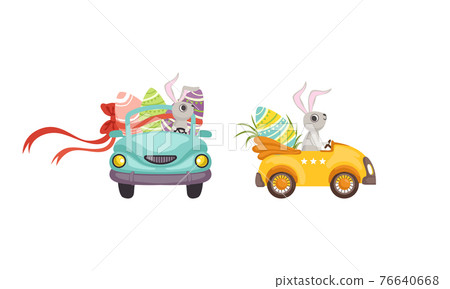Little Bunny Driving Vehicle Carrying olored Easter Eggs Vector Set Little Bunny Driving Vehicle Carrying olored Easter Eggs Vector Set 76640668