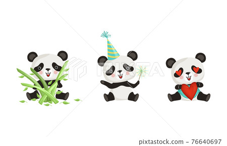 Happy Little Panda Holding Bamboo Sticks and Heart Vector Set Happy Little Panda Holding Bamboo Sticks and Heart Vector Set 76640697