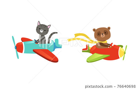 Funny Animals Aviating or Flying on the Airplane with Propeller Vector Set Funny Animals Aviating or Flying on the Airplane with Propeller Vector Set 76640698