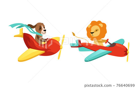 Funny Animals Aviating or Flying on the Airplane with Propeller Vector Set 76640699