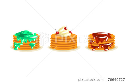 Pile of Sweet Pancakes Poured with Jam and Whipped Cream on the Top Vector Set 76640727