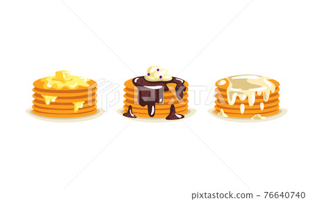 Pile of Sweet Pancakes Poured with Melting Butter, Chocolate and Sour Cream on the Top Vector Set 76640740