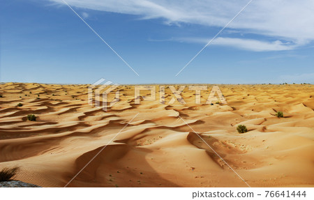 Sand dunes and blue sky. Desert landscape in Dubai, UAE. 76641444