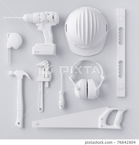 Top view of monochrome construction tools for repair and installation on white 76642804