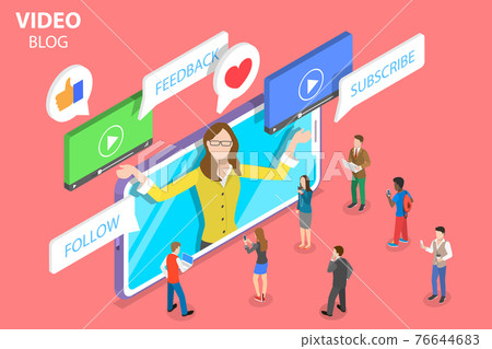 Flat isometric vector concept of vlog, video blog, online channel. Flat isometric vector concept of vlog, video blog, online channel. 76644683