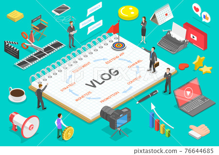 Flat isometric vector concept of video blog, vlog, creating online channel. Flat isometric vector concept of video blog, vlog, creating online channel. 76644685