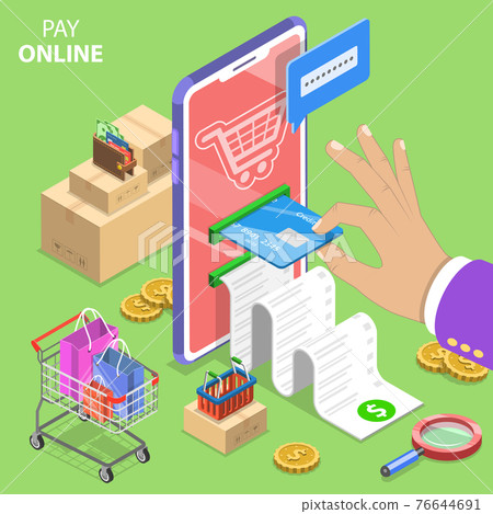 Isometric flat vector concept of pay online, internet payment and shopping. Isometric flat vector concept of pay online, internet payment and shopping. 76644691