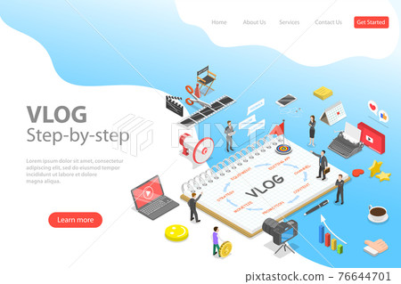 Flat isometric vector landing page template of video blog ste-by-step, vlog. Flat isometric vector landing page template of video blog ste-by-step, vlog. 76644701