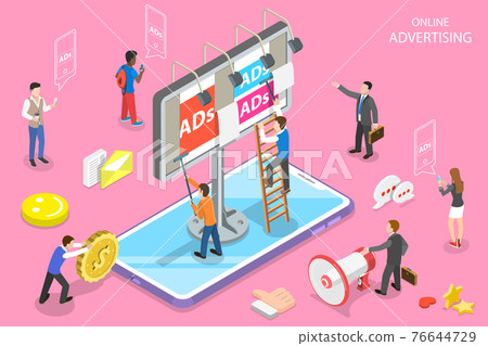 Flat isometric vector concept of mobile advertising, social media campaign. Flat isometric vector concept of mobile advertising, social media campaign. 76644729