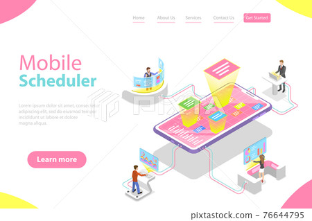 Flat isometric vector landing page template of mobile scheduler 76644795