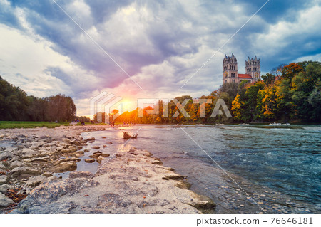 Isar river, park and St Maximilian church from Reichenbach Bridge. Munchen, Bavaria, Germany. 76646181