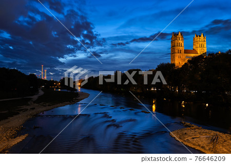 Isar river, park and St Maximilian church from Reichenbach Bridge. Munchen, Bavaria, Germany. 76646209