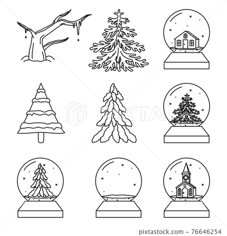 Black and white set of xmas trees and glass balls - Stock Illustration ...