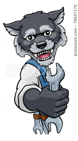Wolf Plumber Or Mechanic Holding Spanner Wolf Plumber Or Mechanic Holding Spanner 76647178