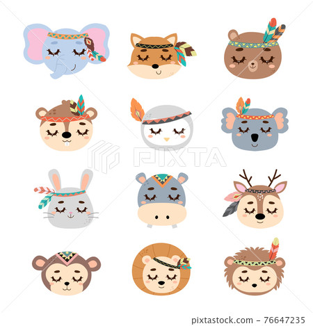 Cute tribal woodland animal head collection. Flat vector cartoon style 76647235