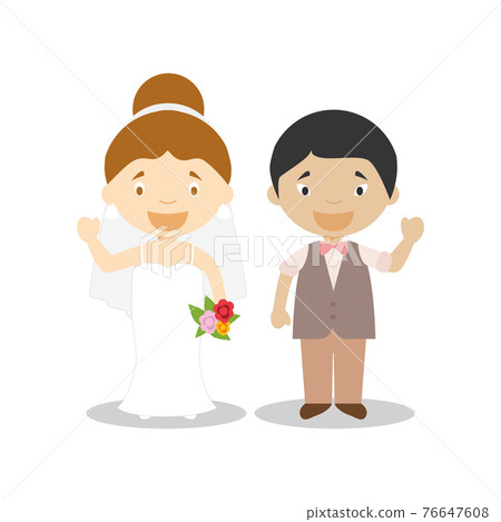 Caucasian bride and oriental bridegroom Interracial newlywed couple in cartoon style Vector illustration Caucasian bride and oriental bridegroom Interracial newlywed couple in cartoon style Vector illustration 76647608