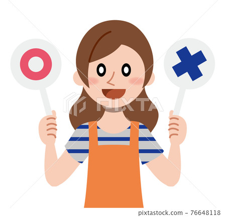 Housewife holding up the correct and incorrect tags 76648118