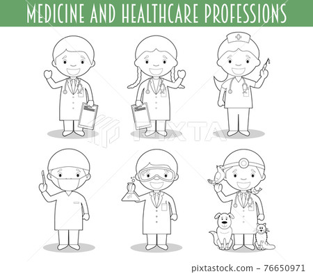 Vector Set of Medicine and Healthcare Professions for coloring in cartoon style. Vector Set of Medicine and Healthcare Professions for coloring in cartoon style. 76650971