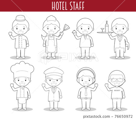 Vector Set of Hotel Staff Professions for coloring in cartoon style. Vector Set of Hotel Staff Professions for coloring in cartoon style. 76650972
