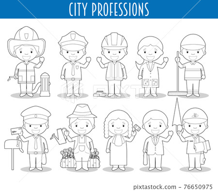 Vector Set of City Professions for coloring in cartoon style. Vector Set of City Professions for coloring in cartoon style. 76650975