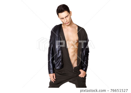 Strong muscle beautiful stripped male model in fashion cloathes on white isolated fontk background 76651527