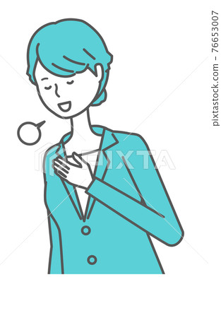 A woman in a suit who is relieved and strokes her chest A woman in a suit who is relieved and strokes her chest 76653007