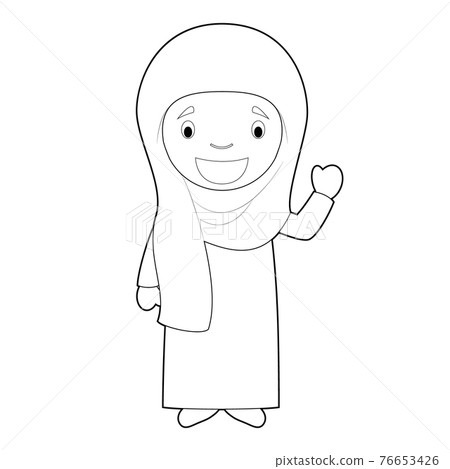 Easy coloring woman cartoon character from Iran dressed in the traditional way with chador. Vector Illustration. Easy coloring woman cartoon character from Iran dressed in the traditional way with chador. Vector Illustration. 76653426