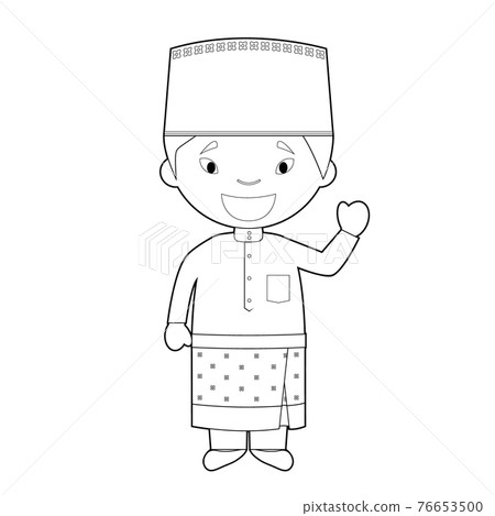 Easy coloring cartoon character from Brunei dressed in the traditional way Vector Illustration. 76653500