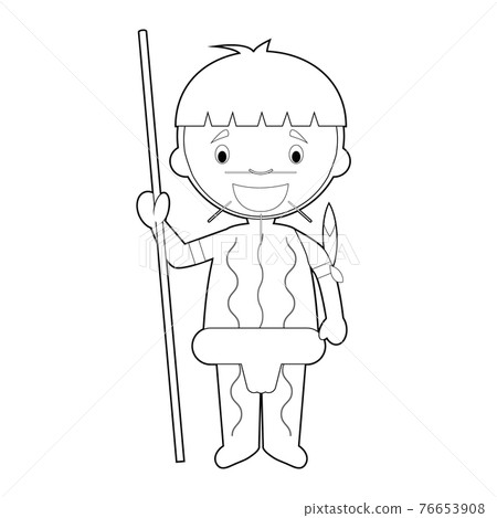 Easy coloring cartoon character from Venezuela dressed in the traditional way as a Yanomami indigenous tribe. Vector Illustration. 76653908