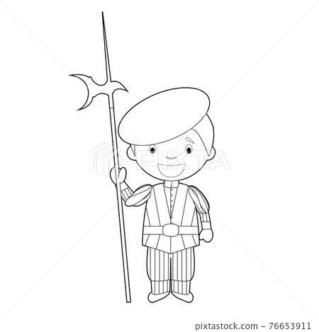 Easy coloring Swiss Guard cartoon character from Vatican City dressed in the traditional way. Vector Illustration. 76653911