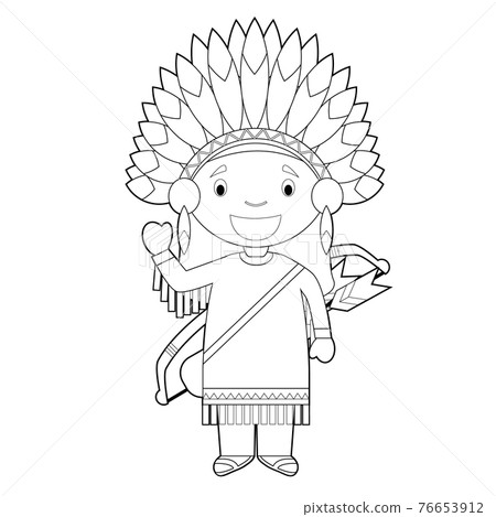 Easy coloring cartoon character from USA dressed in the traditional way of the American Red Indians. Vector Illustration. 76653912