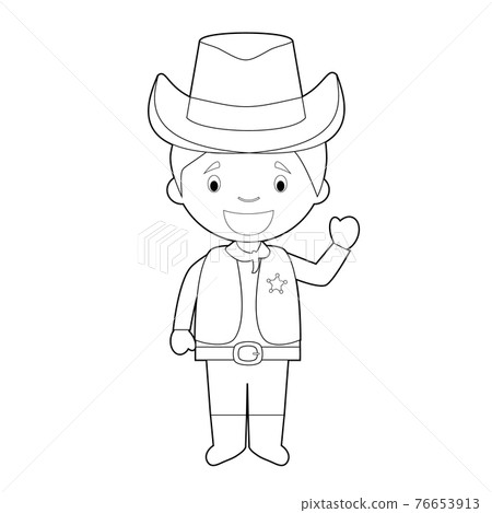 Easy coloring cowboy cartoon character from USA dressed in the traditional way. Vector Illustration. 76653913