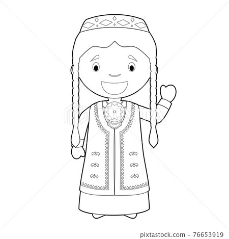 Easy coloring cartoon character from Turkmenistan dressed in the traditional way Vector Illustration. 76653919