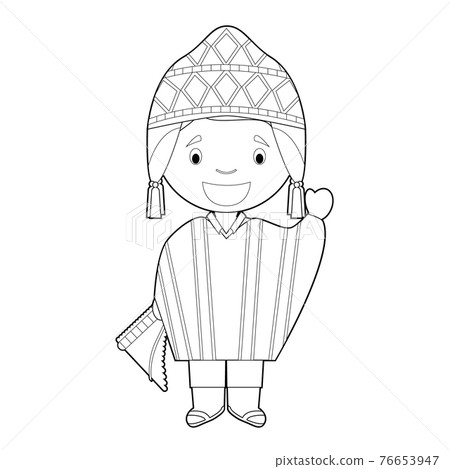 Easy coloring cartoon character from Peru dressed in the traditional way Vector Illustration. 76653947