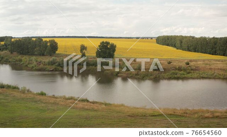 View from the drone to the forest, glade, river. Picturesque river view from a quadcopter. 76654560