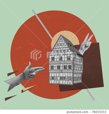 Contemporary art collage, modern design. Aesthetic of hands. Trendy colors. 76655031