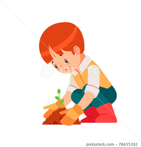 Little boy engaged gardening in the backyard. Montessori plant growing learning activity and nature education for preschool kid. Education Eco concept. Organic gardening. Cartoon vector illustration Little boy engaged gardening in the backyard. Montessori plant growing learning activity and nature education for preschool kid. Education Eco concept. Organic gardening. Cartoon vector illustration 76655382