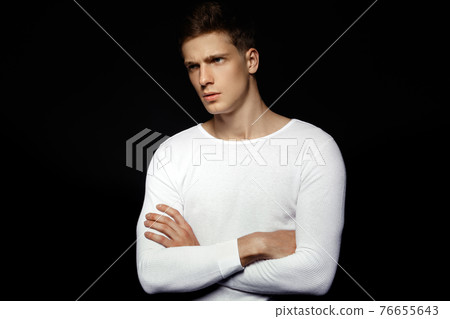 Sexy sport muscle strongface guy in white underwear and casual wear on black isolated font background Sexy sport muscle strongface guy in white underwear and casual wear on black isolated font background 76655643