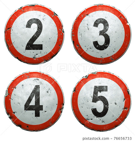 Set of public road signs in red and white with a numbers 2, 3, 4, 5 in the center isolated on white background. 3d Set of public road signs in red and white with a numbers 2, 3, 4, 5 in the center isolated on white background. 3d 76656733