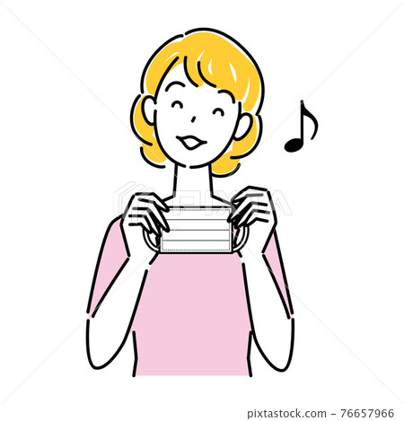 微笑的女人雙手拿著面具插圖簡單向量 76657966