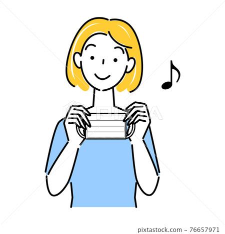 微笑的女人雙手拿著面具插圖簡單向量 76657971