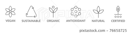 Organic and natural cosmetic line icons. Non toxic logo. Eco, vegan label. Allergen free badges. Skincare symbol. Beauty product. Gluten and paraben free cosmetic. Sensitive skin. Vector illustration 76658725