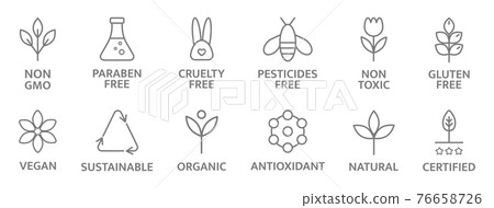 Natural and organic cosmetic line icons. Allergen free badges. Non toxic logo. Skincare symbol. Beauty product. Gluten and paraben free cosmetic. Eco, vegan label. Sensitive skin. Vector illustration 76658726
