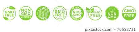 Non GMO labels. GMO free icons. Healthy organic food concept. No GMO design elements for tags, product packag, food symbol, emblems, stickers. Eco, vegan, bio. Vector illustration 76658731