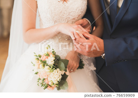 Bride and groom exchanging wedding rings. Stylish couple official ceremony Bride and groom exchanging wedding rings. Stylish couple official ceremony 76659909