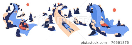 Vector set with sledding people. Women on luge, wok racing and tubing donuts in winter landscapes isolated on white Vector set with sledding people. Women on luge, wok racing and tubing donuts in winter landscapes isolated on white 76661876