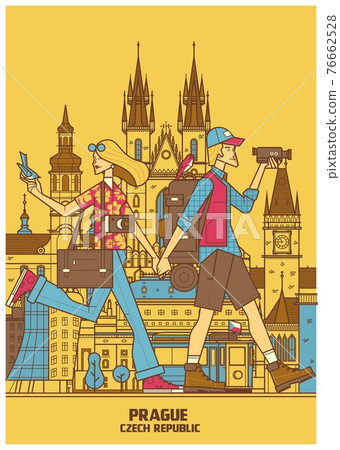 Romantic travel woman and man in love smiling happy walking outdoor during vacation holidays in Prague.Line vector illustration 76662528