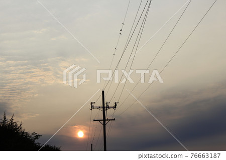 Power lines and poles at Sunset out in the country with the sun and a colorful sky in Kansas. Power lines and poles at Sunset out in the country with the sun and a colorful sky in Kansas. 76663187